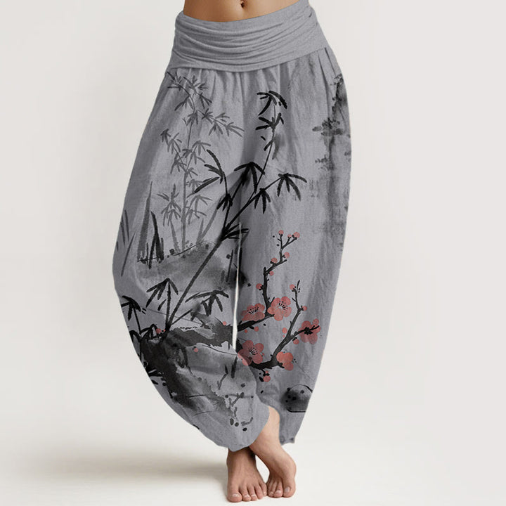 Buddha Stones Pure Cotton Plum Blossoms Bamboo Orchids Chrysanthemums Pattern Women's Elastic Waist Harem Pants