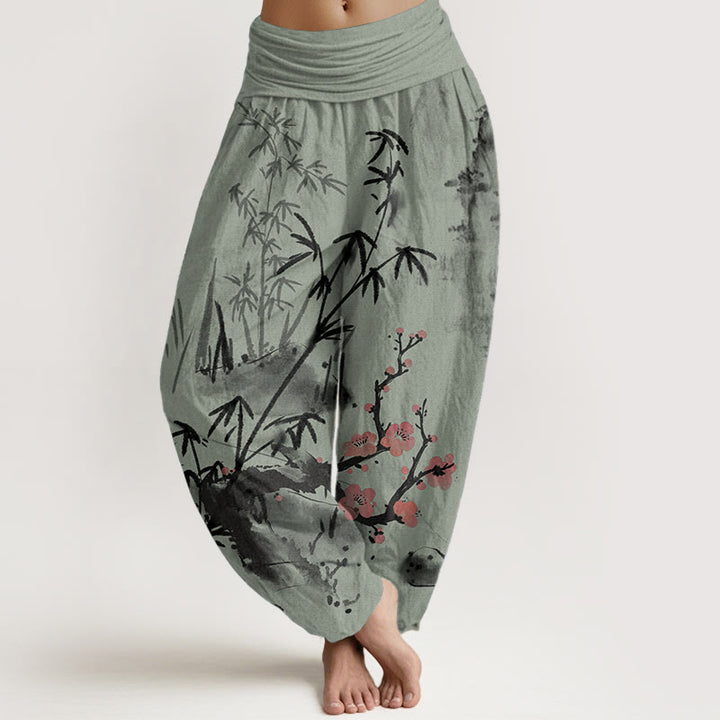 Buddha Stones Pure Cotton Plum Blossoms Bamboo Orchids Chrysanthemums Pattern Women's Elastic Waist Harem Pants