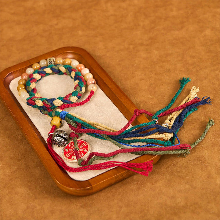 Buddha Stones Tibetan Mountain Ghosts Spend Money Colorful Chalcedony Double-Layer Colored Rope Tassel Positive Bracelet