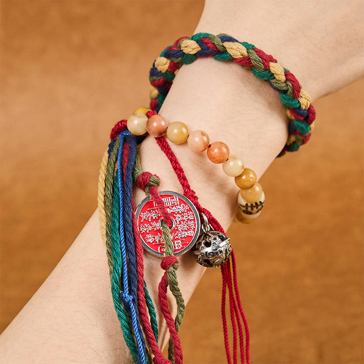 Buddha Stones Tibetan Mountain Ghosts Spend Money Colorful Chalcedony Double-Layer Colored Rope Tassel Positive Bracelet