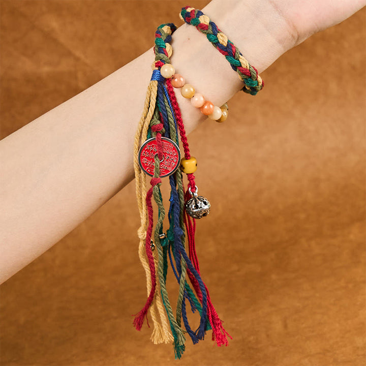 Buddha Stones Tibetan Mountain Ghosts Spend Money Colorful Chalcedony Double-Layer Colored Rope Tassel Positive Bracelet