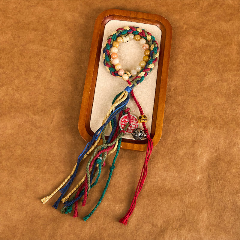 Buddha Stones Tibetan Mountain Ghosts Spend Money Colorful Chalcedony Double-Layer Colored Rope Tassel Positive Bracelet