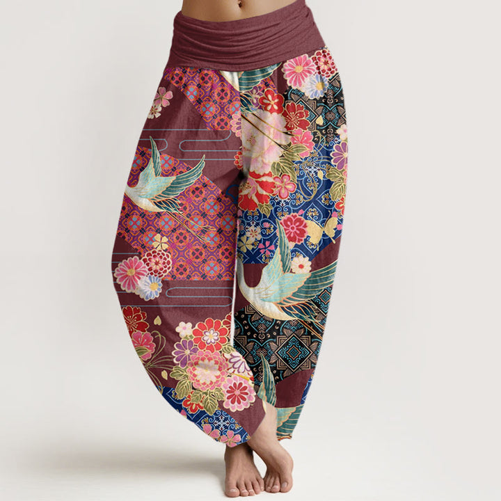 Buddha Stones Crane Flower Pattern Women's Elastic Waist Harem Pants - Brown - US22,UK/AU26,EU54 (6XL) - image 5