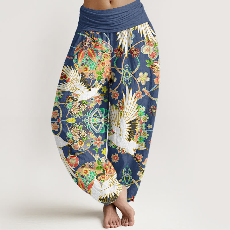 Buddha Stones Casual Crane Floral Geometric Pattern Elastic Waist Women's Harem Pants - RoyalBlue - US22,UK/AU26,EU54 (6XL) - image 1