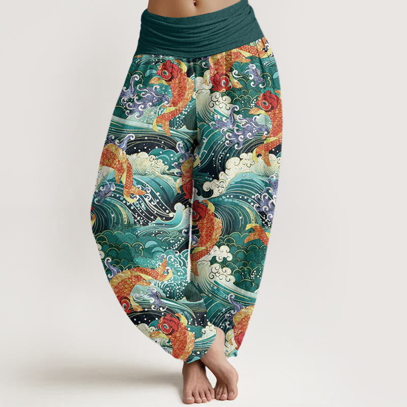 Buddha Stones Casual Koi Fish Ocean Waves Pattern Women's Elastic Waist Harem Pants - Teal - US22,UK/AU26,EU54 (6XL) - image 1