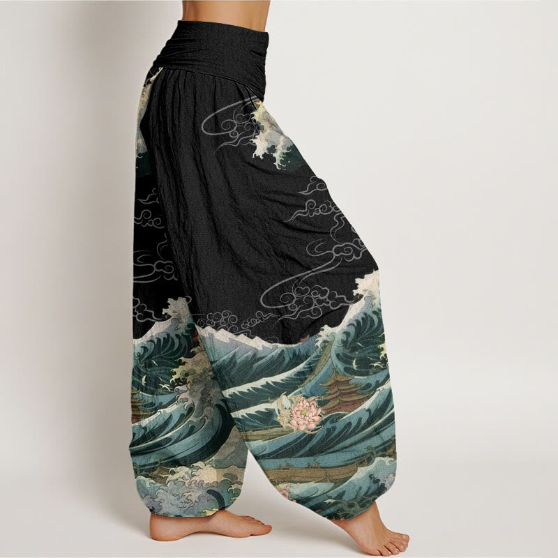 Buddha Stones Casual Blooming Lotuse Wave Pavilion Pattern Women's Elastic Waist Harem Pants - image 3