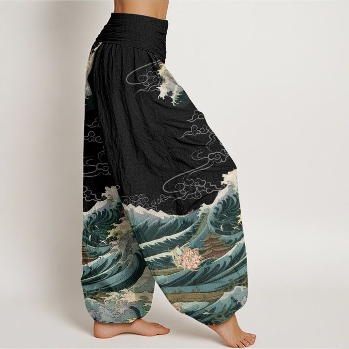 Buddha Stones Casual Blooming Lotuse Wave Pavilion Pattern Women's Elastic Waist Harem Pants - image 3
