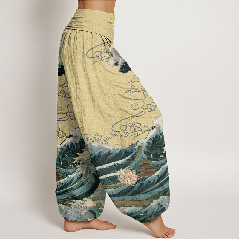 Buddha Stones Casual Blooming Lotuse Wave Pavilion Pattern Women's Elastic Waist Harem Pants - image 7