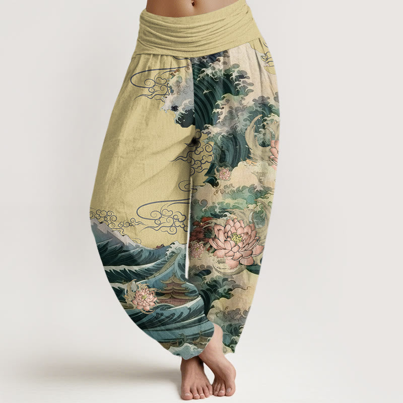 Buddha Stones Casual Blooming Lotuse Wave Pavilion Pattern Women's Elastic Waist Harem Pants - Khaki - US22,UK/AU26,EU54 (6XL) - image 5
