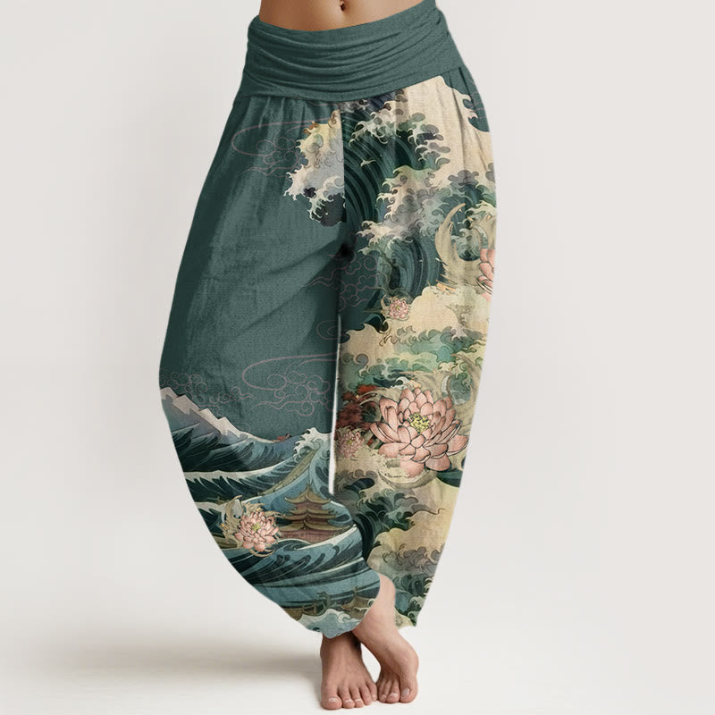Buddha Stones Casual Blooming Lotuse Wave Pavilion Pattern Women's Elastic Waist Harem Pants - SeaGreen - US22,UK/AU26,EU54 (6XL) - image 8