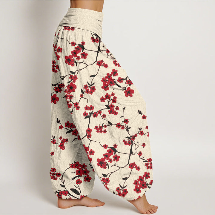 Buddha Stones Red Peach Blossom Pattern Women's Elastic Waist Harem Pants - image 3