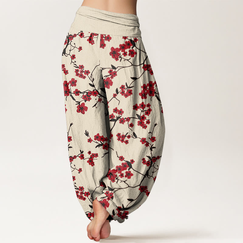 Buddha Stones Red Peach Blossom Pattern Women's Elastic Waist Harem Pants - image 2