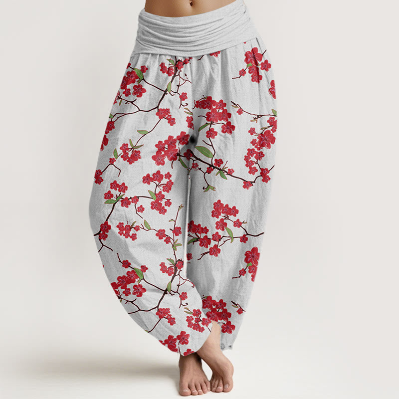 Buddha Stones Red Peach Blossom Pattern Women's Elastic Waist Harem Pants - Gainsboro - US22,UK/AU26,EU54 (6XL) - image 5