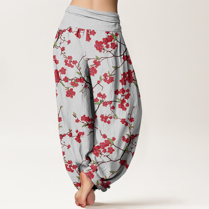 Buddha Stones Red Peach Blossom Pattern Women's Elastic Waist Harem Pants - image 6