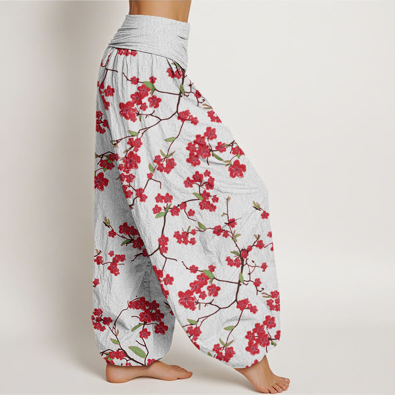Buddha Stones Red Peach Blossom Pattern Women's Elastic Waist Harem Pants - image 7
