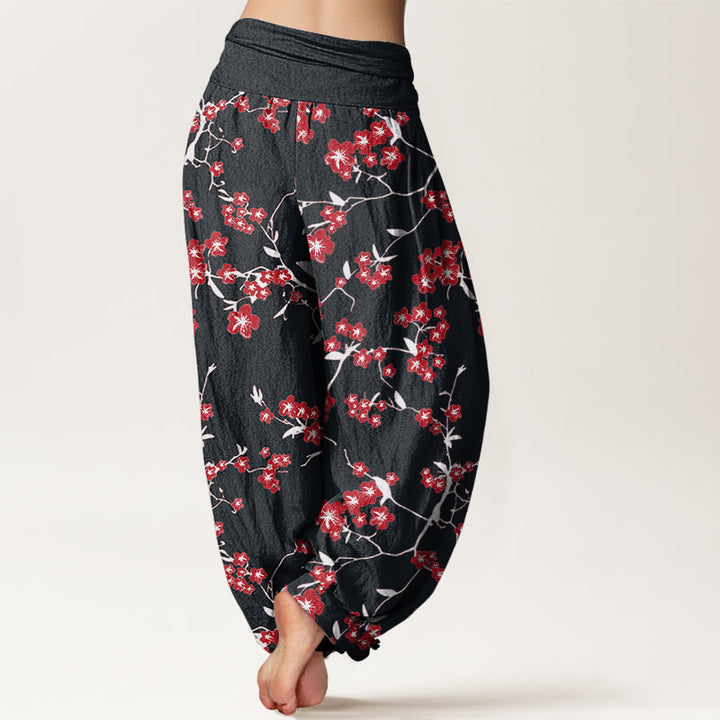 Buddha Stones Red Peach Blossom Pattern Women's Elastic Waist Harem Pants - image 9