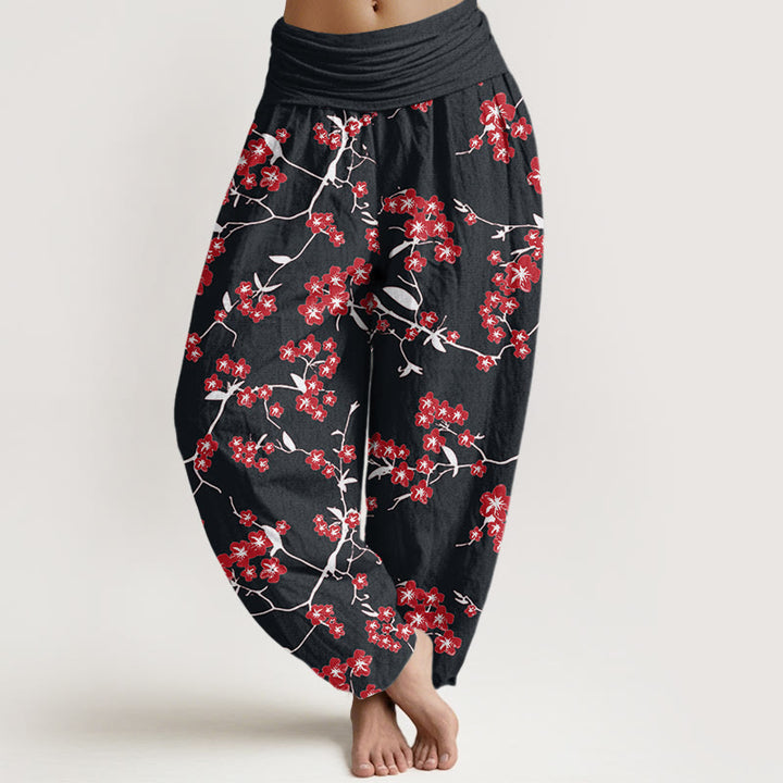 Buddha Stones Red Peach Blossom Pattern Women's Elastic Waist Harem Pants - Black - US22,UK/AU26,EU54 (6XL) - image 8