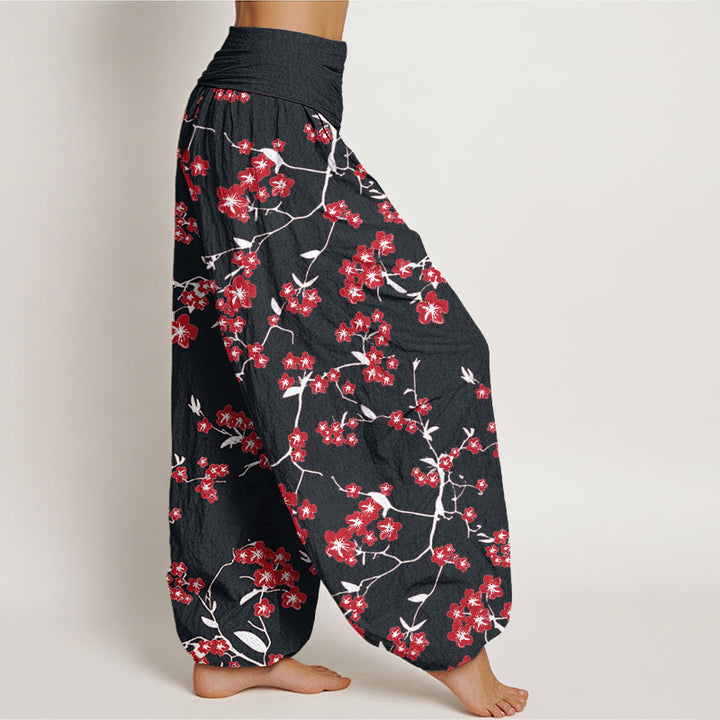 Buddha Stones Red Peach Blossom Pattern Women's Elastic Waist Harem Pants - image 10