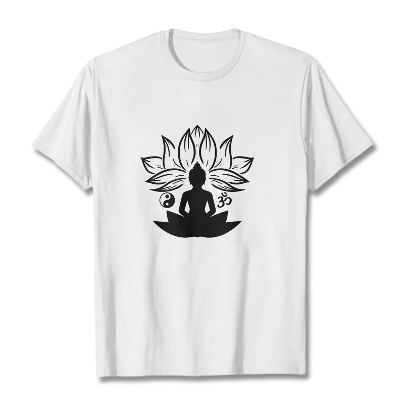 Buddha Stones Om Yin Yang Buddha Statue Sitting Lotus Meditation Tee T-shirt - White - 2XL - image 1