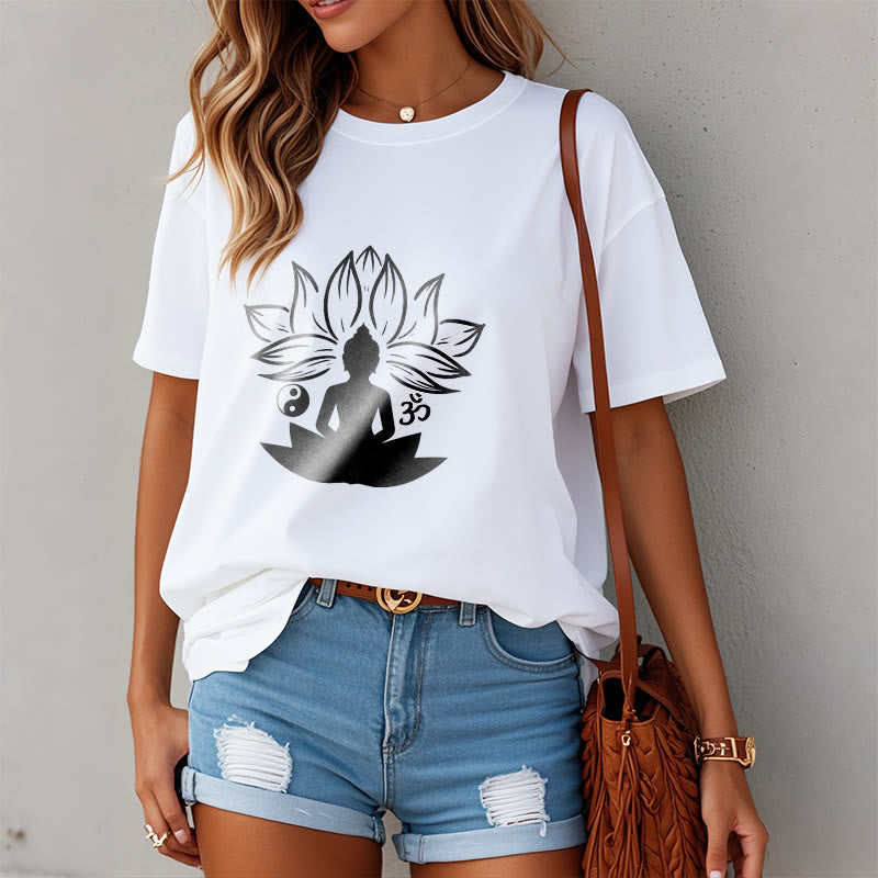 Buddha Stones Om Yin Yang Buddha Statue Sitting Lotus Meditation Tee T-shirt - image 3