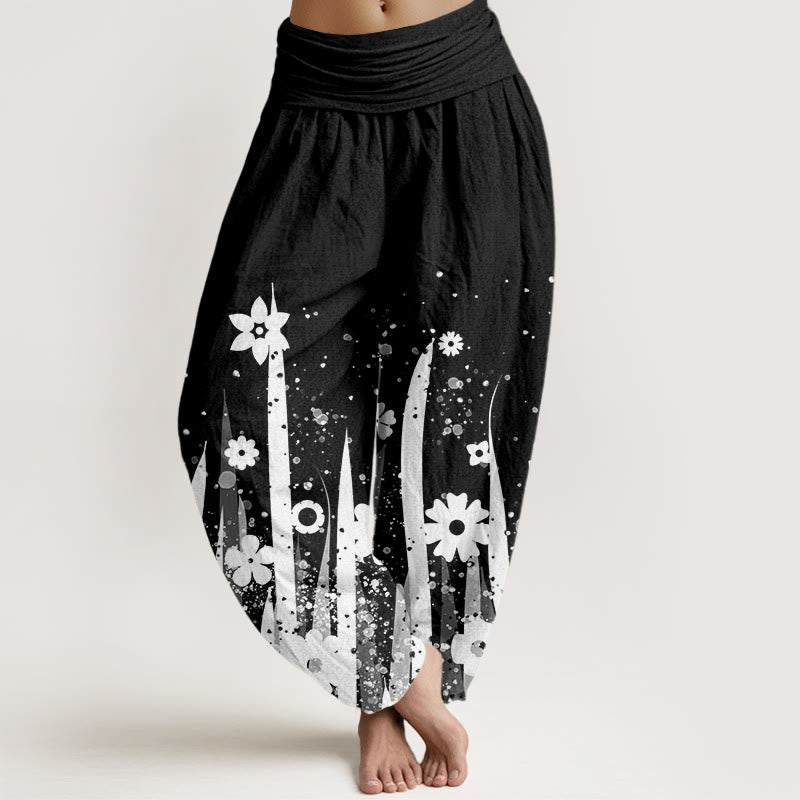 Buddha Stones Casual White Flower Grass Pattern Women's Elastic Waist Harem Pants - Black - US22,UK/AU26,EU54 (6XL) - image 1