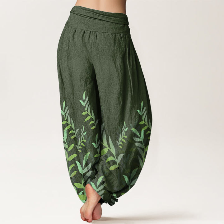 Buddha Stones Casual Leaves Pattern Women's Elastic Waist Harem Pants - image 6
