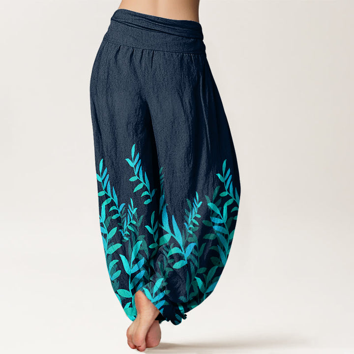 Buddha Stones Casual Leaves Pattern Women's Elastic Waist Harem Pants - image 9