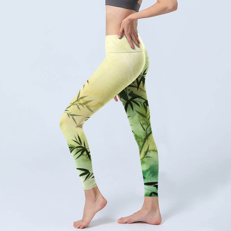 Buddha Stones Blooming Bamboo Pattern Print Gym Leggings Women's Yoga Pants - image 3