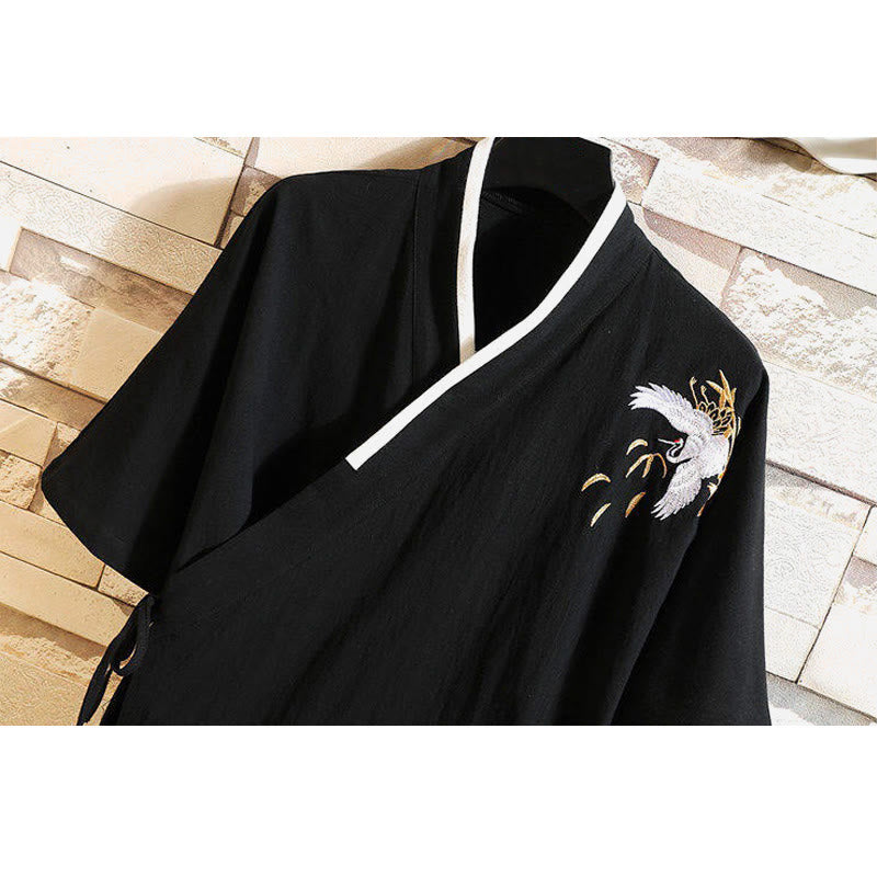 Buddha Stones Tang Suit Embroided Crane Pattern Lace-Up Side Men's Cotton Linen Short Sleeve T-Shirt - image 2