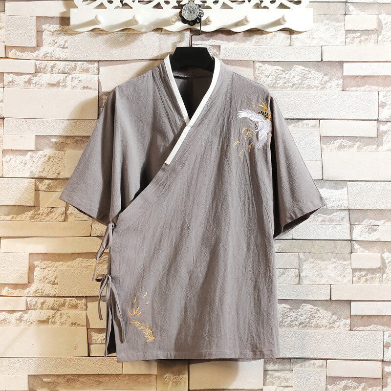 Buddha Stones Tang Suit Embroided Crane Pattern Lace-Up Side Men's Cotton Linen Short Sleeve T-Shirt - Silver - US/UK/AU46,EU56 (5XL) - image 10