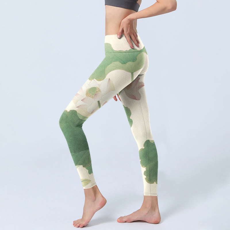 Buddha Stones Elegant Lotus Flower Leaves Pattern Print Gym Leggings Women's Yoga Pants - image 3
