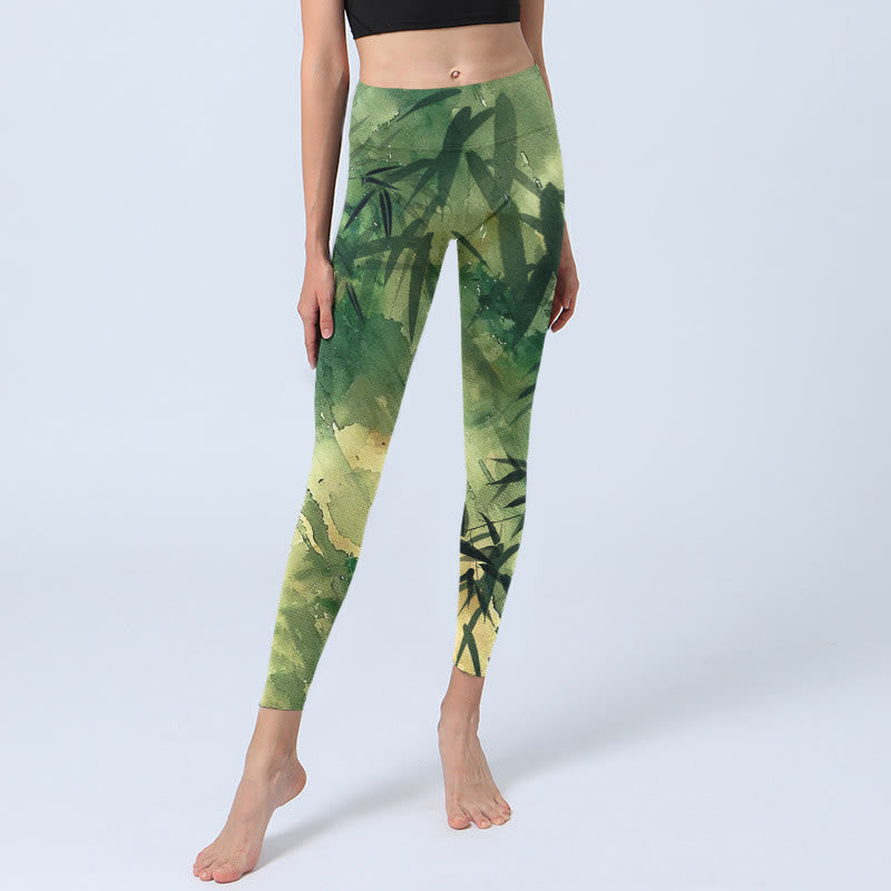Buddha Stones Ink Blooming Bamboo Pattern Print Gym Leggings Women's Yoga Pants - image 6