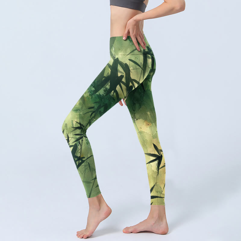Buddha Stones Ink Blooming Bamboo Pattern Print Gym Leggings Women's Yoga Pants - image 3