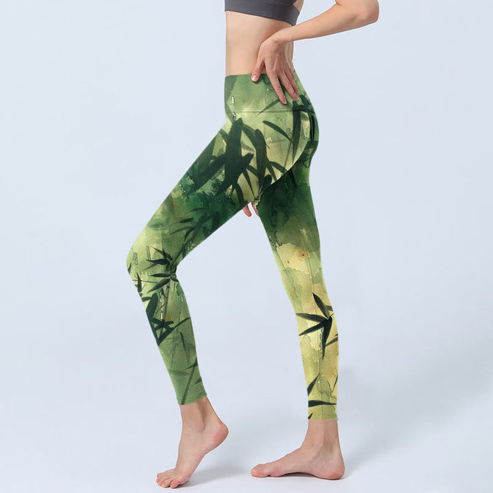 Buddha Stones Ink Blooming Bamboo Pattern Print Gym Leggings Women's Yoga Pants - image 3