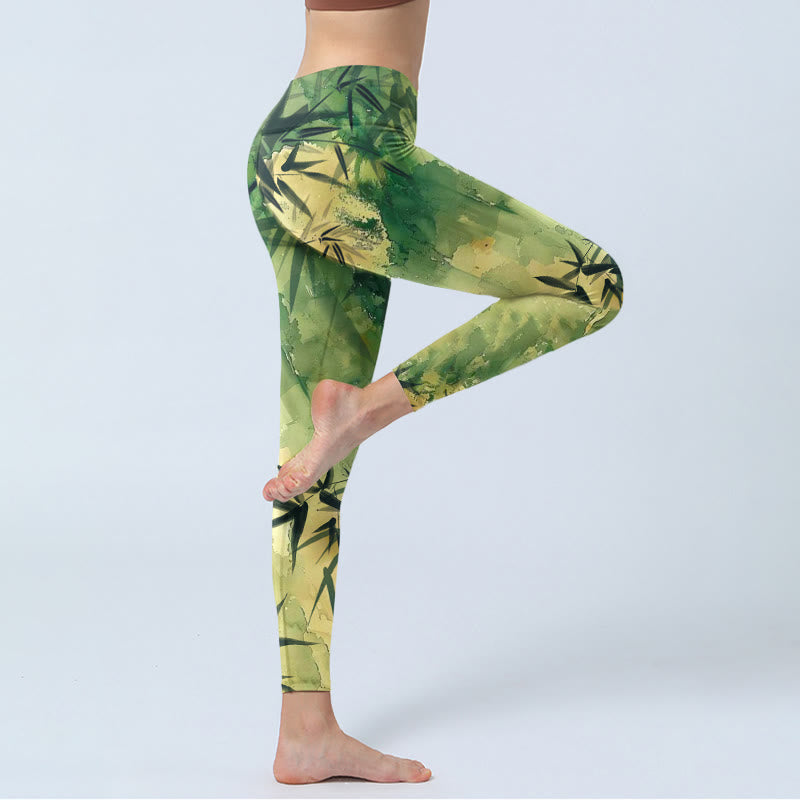 Buddha Stones Ink Blooming Bamboo Pattern Print Gym Leggings Women's Yoga Pants - image 4