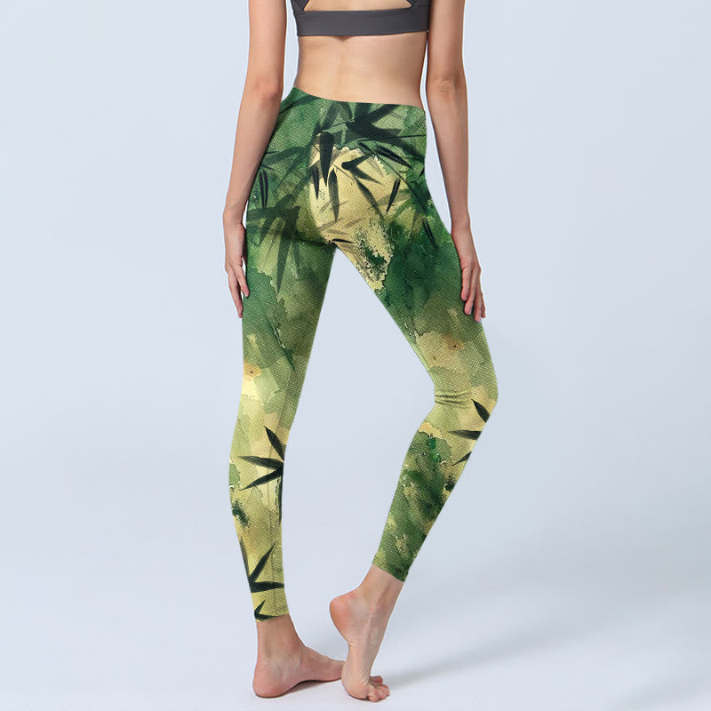 Buddha Stones Ink Blooming Bamboo Pattern Print Gym Leggings Women's Yoga Pants - image 5