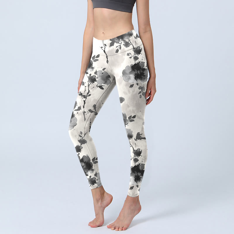 Buddha Stones Ink Painting Style Flower Pattern Print Gym Leggings Women's Yoga Pants - GhostWhite - US18,UK/AU22,EU50 (4XL) - image 1