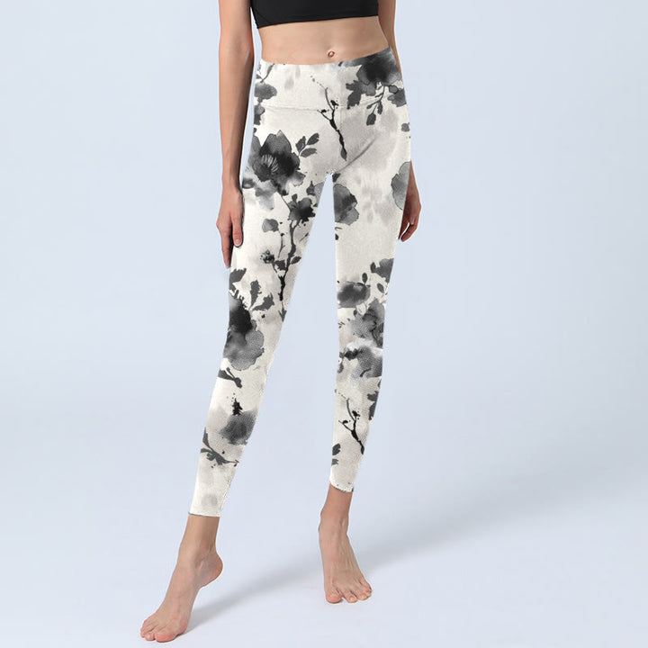 Buddha Stones Ink Painting Style Flower Pattern Print Gym Leggings Women's Yoga Pants - image 6