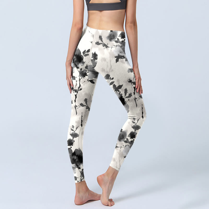 Buddha Stones Ink Painting Style Flower Pattern Print Gym Leggings Women's Yoga Pants - image 5
