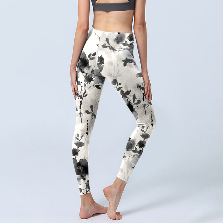 Buddha Stones Ink Painting Style Flower Pattern Print Gym Leggings Women's Yoga Pants - image 5