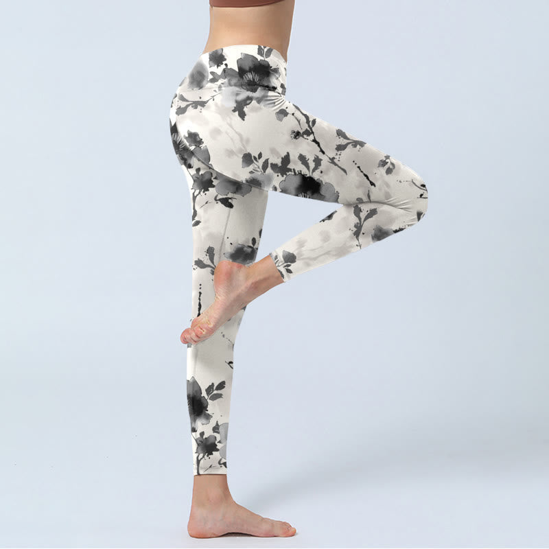 Buddha Stones Ink Painting Style Flower Pattern Print Gym Leggings Women's Yoga Pants - image 4