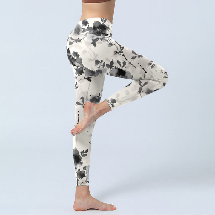 Buddha Stones Ink Painting Style Flower Pattern Print Gym Leggings Women's Yoga Pants - image 4
