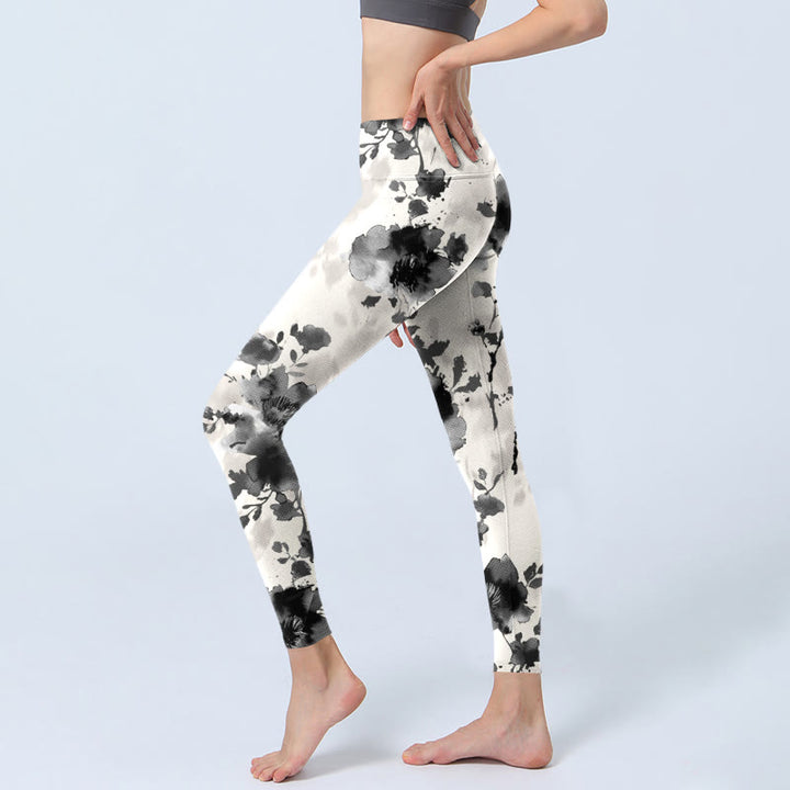 Buddha Stones Ink Painting Style Flower Pattern Print Gym Leggings Women's Yoga Pants - image 3
