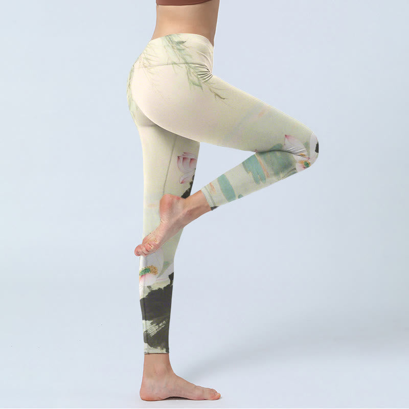 Buddha Stones Willow Leaves Lotus Pond Pattern Print Gym Leggings Women's Yoga Pants - image 4