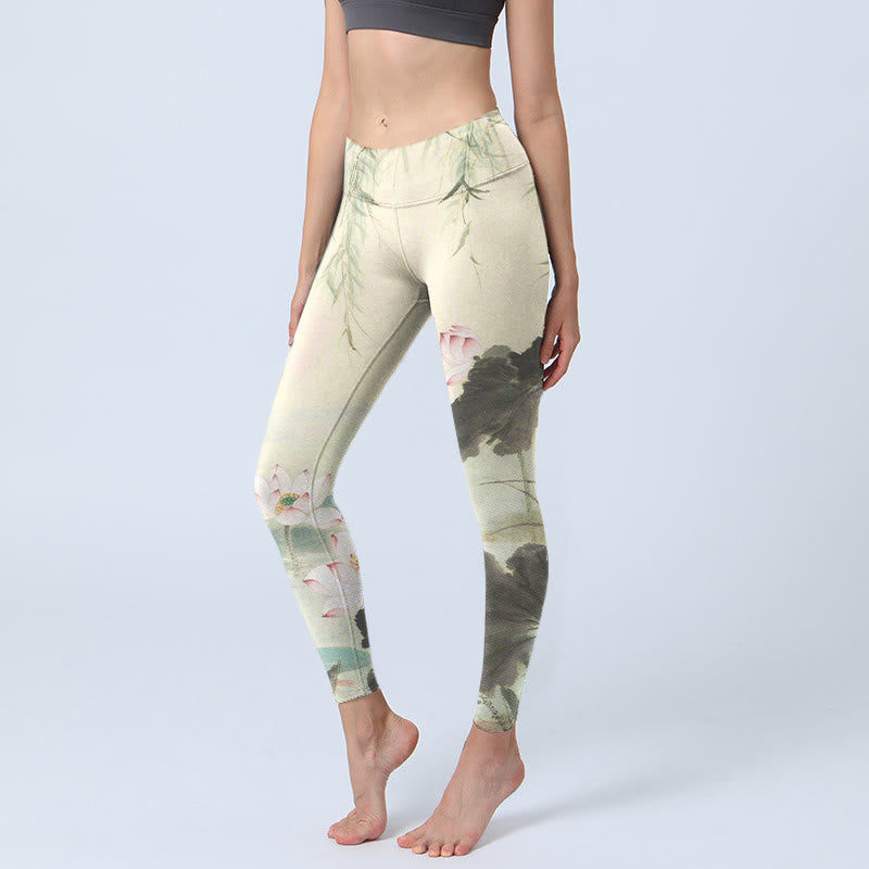 Buddha Stones Willow Leaves Lotus Pond Pattern Print Gym Leggings Women's Yoga Pants - Beige - US18,UK/AU22,EU50 (4XL) - image 1