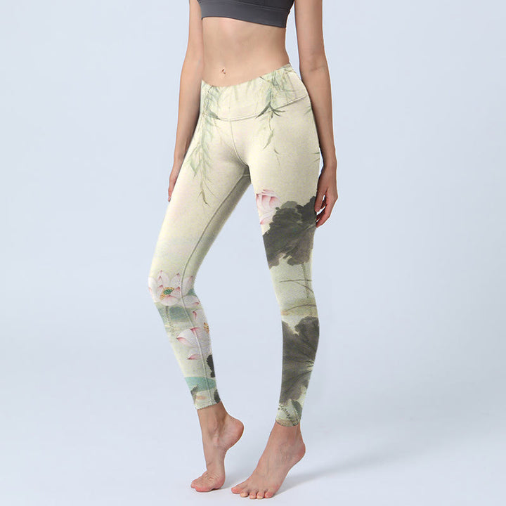 Buddha Stones Willow Leaves Lotus Pond Pattern Print Gym Leggings Women's Yoga Pants - Beige - US18,UK/AU22,EU50 (4XL) - image 1