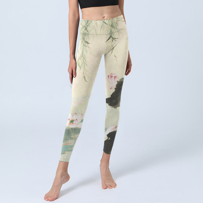 Buddha Stones Willow Leaves Lotus Pond Pattern Print Gym Leggings Women's Yoga Pants - image 6
