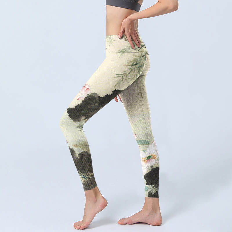 Buddha Stones Willow Leaves Lotus Pond Pattern Print Gym Leggings Women's Yoga Pants - image 3
