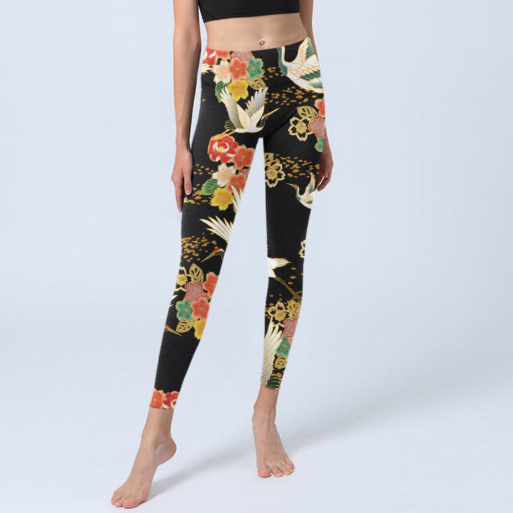 Buddha Stones Red-Crowned Cranes Colorful Floral Pattern Print Gym Leggings Women's Yoga Pants - image 6