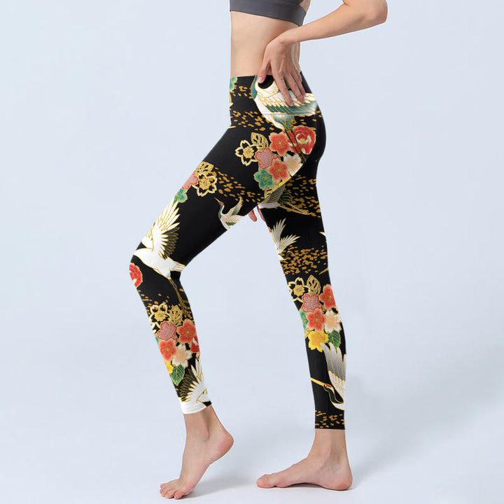 Buddha Stones Red-Crowned Cranes Colorful Floral Pattern Print Gym Leggings Women's Yoga Pants - image 3